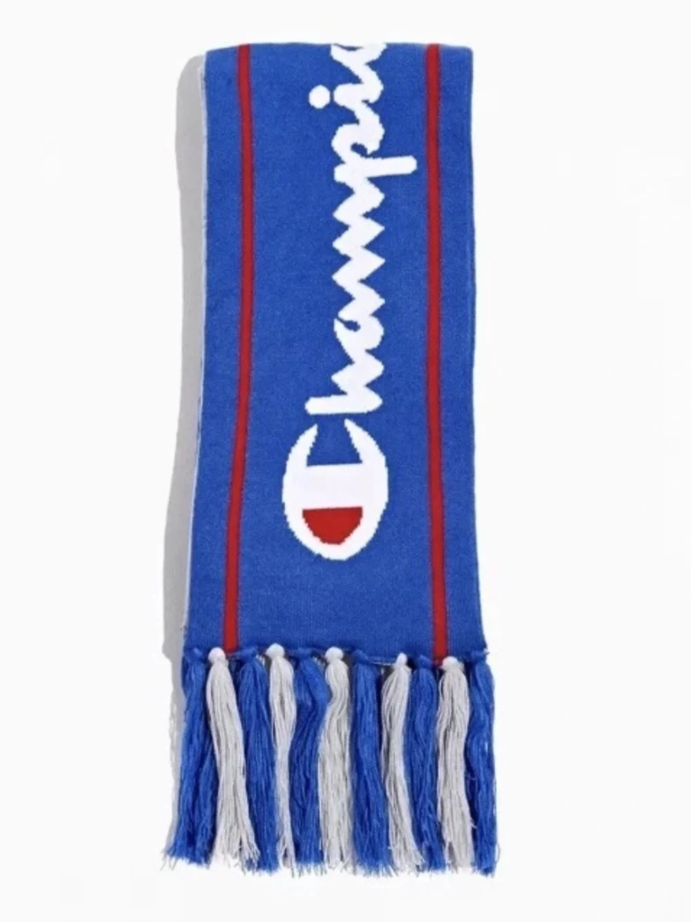 Champion Since 1919 Reversible Knit Scarf Blue Gray Logo Winter Fringe 64”